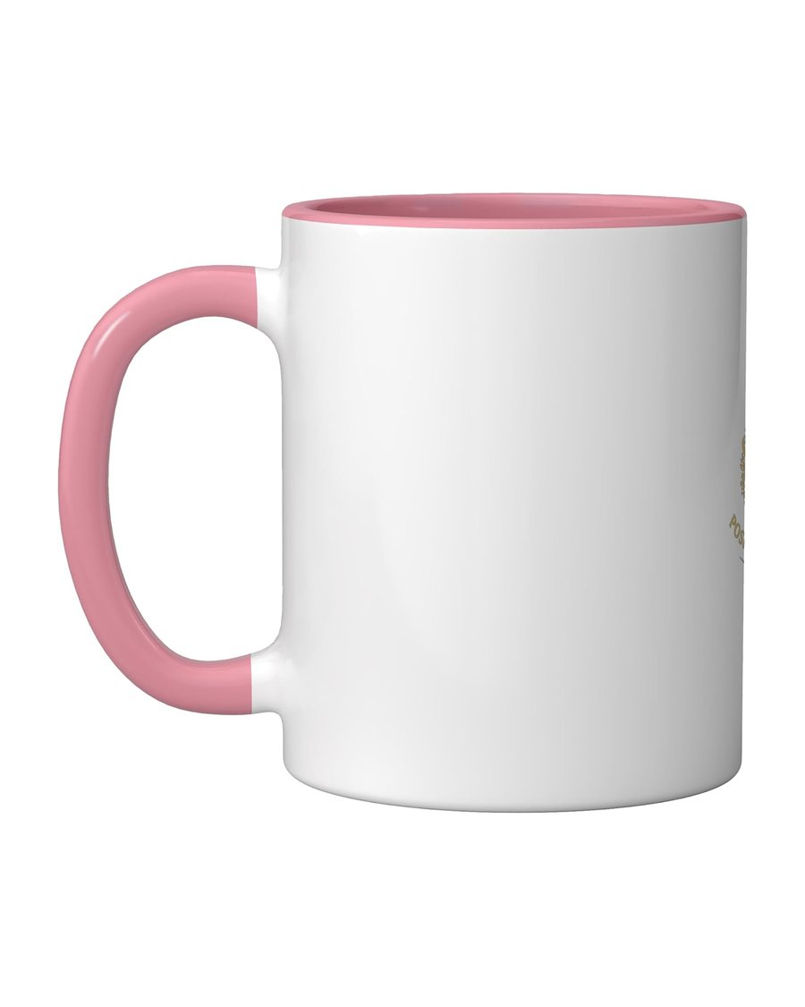 Poshy Little Things crest on a pink and white ceramic mug