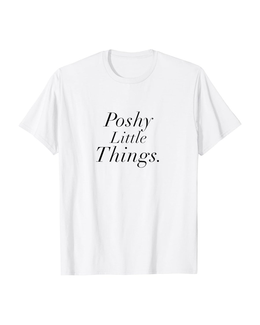 Poshy Little Things wordmark on a white t-shirt