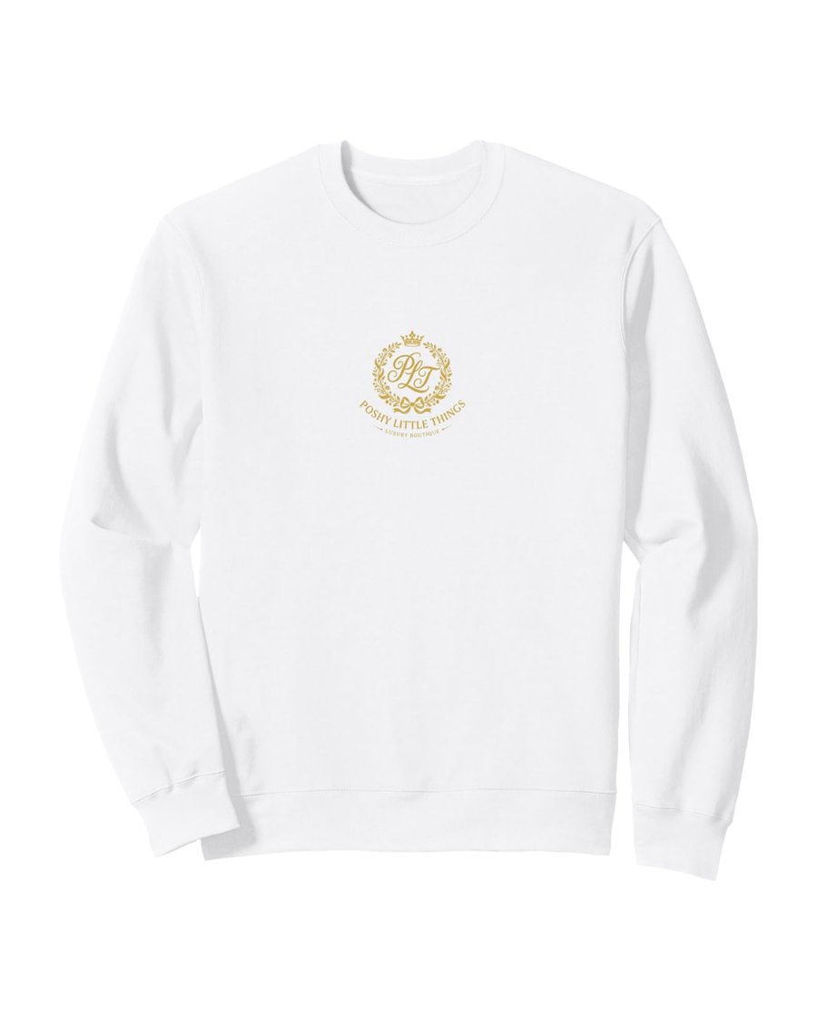 Poshy Little Things crest on a black sweatshirt