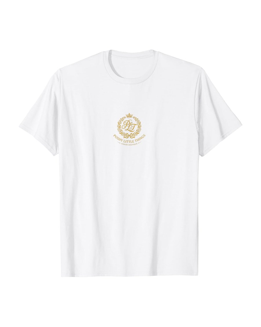 Poshy Little Things crest on a black t-shirt